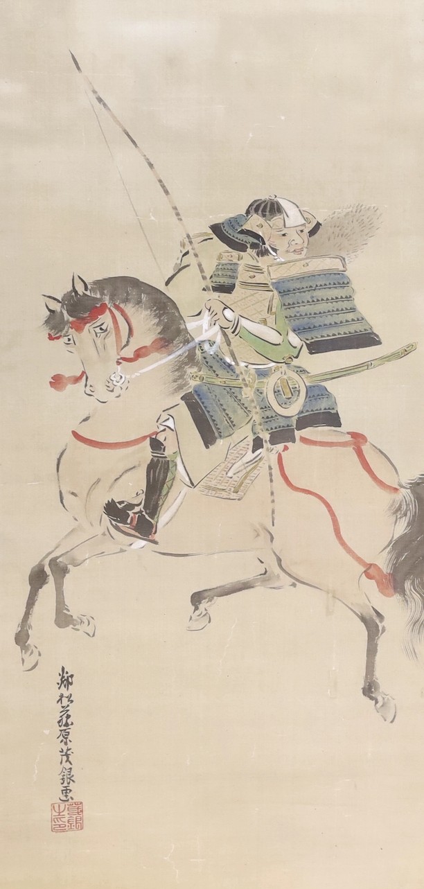 Japanese School, 19th century, Ink and colour on silk, Samurai on horseback, inscribed - 59 x 30cm